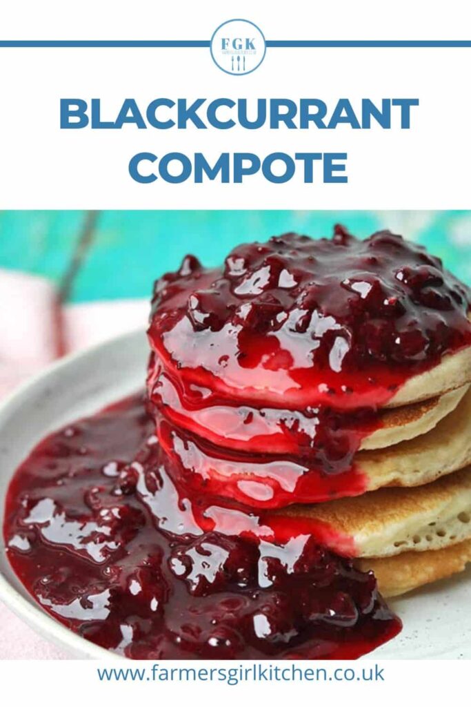 blackcurrant compote on pancake stack.